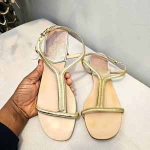 Zara Gold T- Strap Leather Flat Sandals
